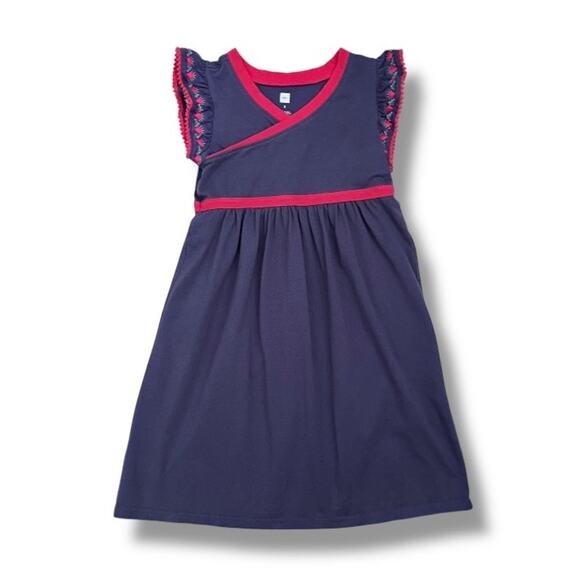 Tea Collection Girls 6 Navy Wrap Neck Dress Pink Trim Embroidered Flutter Sleeve - Picture 1 of 7